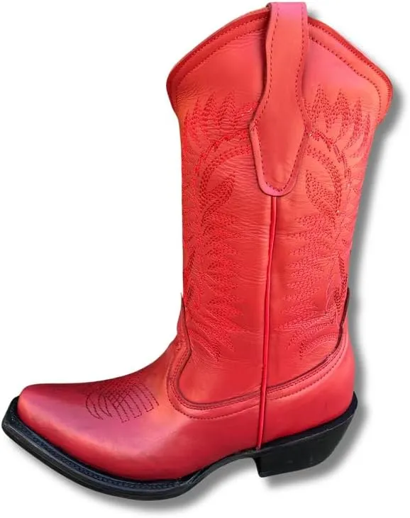 Women's Full Leather Snip & Square Toe Cowgirl Western Boots with Classic Luxury Leather Sole Bota con punta cuadrada para mujer