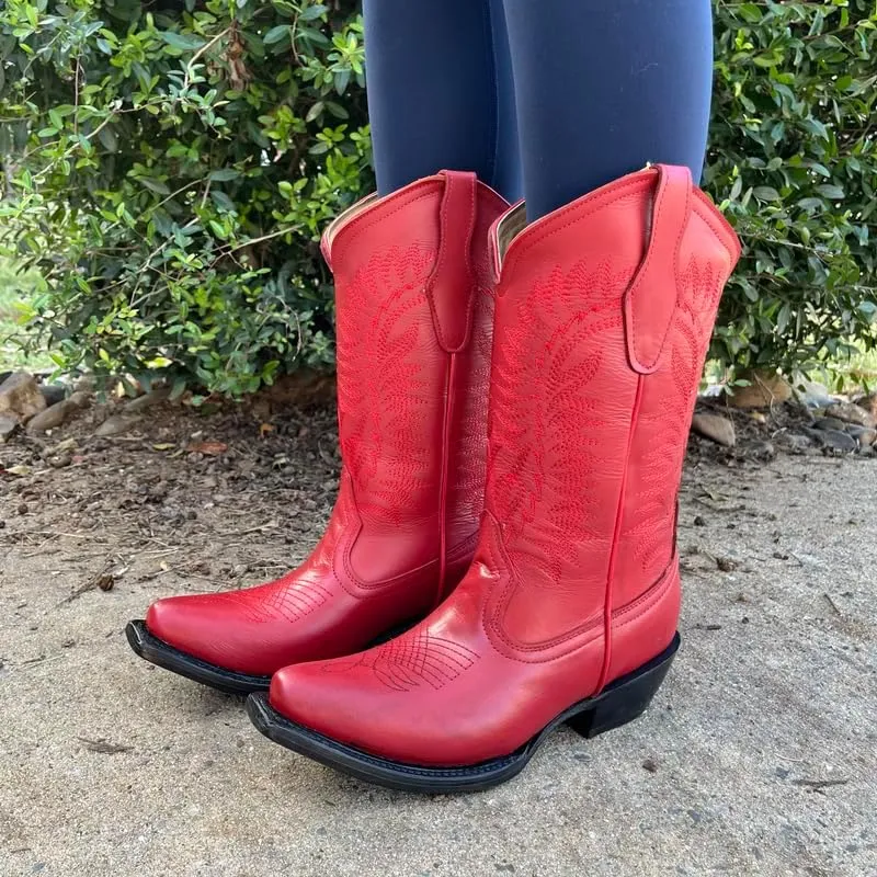 Women's Full Leather Snip & Square Toe Cowgirl Western Boots with Classic Luxury Leather Sole Bota con punta cuadrada para mujer
