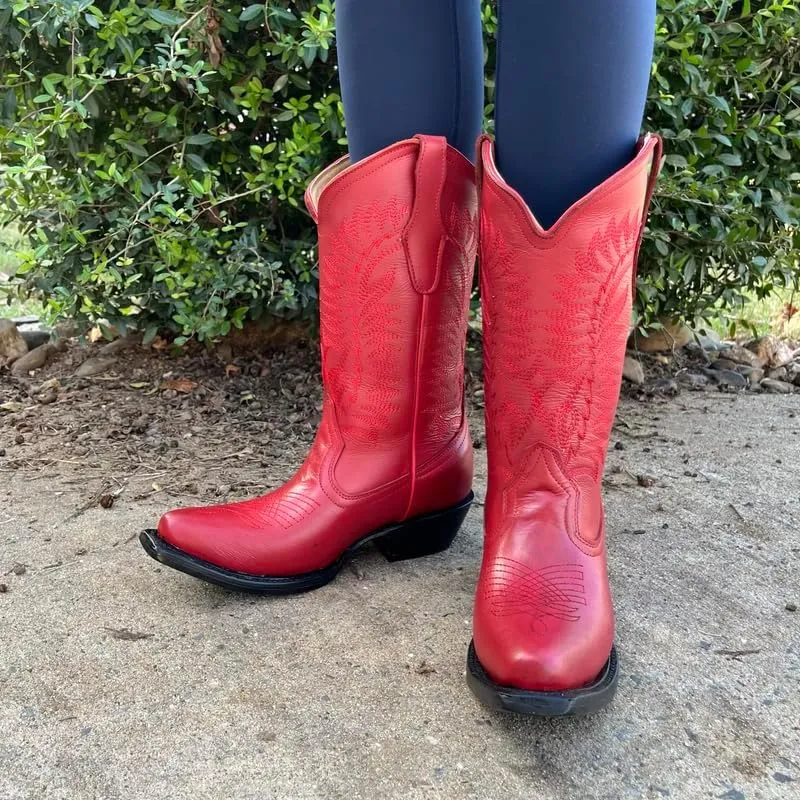 Women's Full Leather Snip & Square Toe Cowgirl Western Boots with Classic Luxury Leather Sole Bota con punta cuadrada para mujer