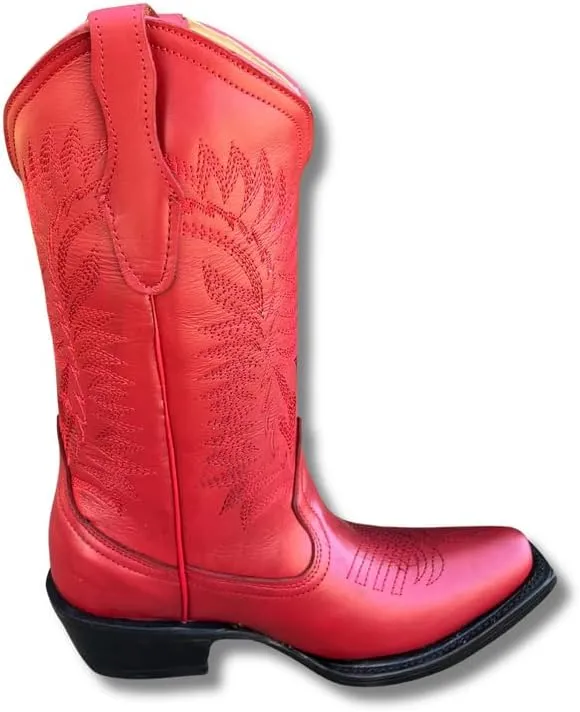 Women's Full Leather Snip & Square Toe Cowgirl Western Boots with Classic Luxury Leather Sole Bota con punta cuadrada para mujer