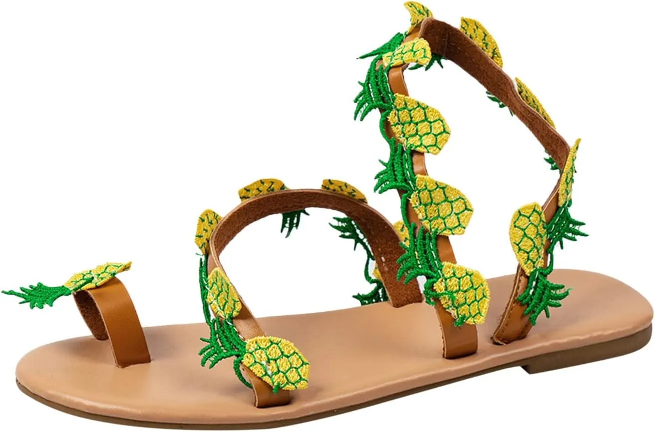 Women’s Fun Pineapple Flat Sandals Summer Clip Toe Boho Flats Sandal with Ankle Strap Shoes for Trendy Casual Style