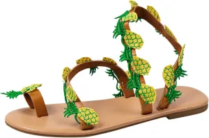 Women’s Fun Pineapple Flat Sandals Summer Clip Toe Boho Flats Sandal with Ankle Strap Shoes for Trendy Casual Style