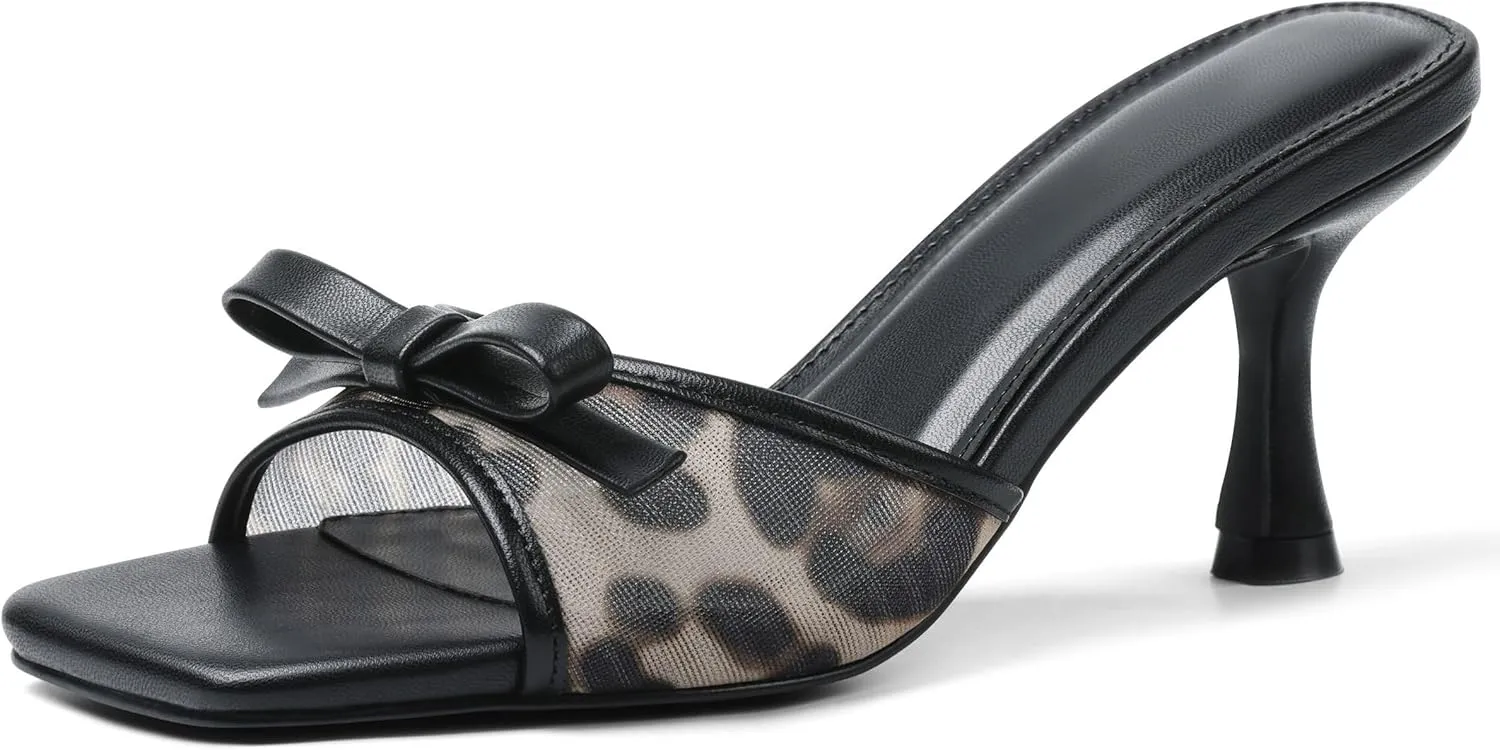 Womens Heeled Sandals Open Square Toe Kitten Heels Sandals Slip On Bow Mesh Mules Heels Comfortable Dress Shoes for Party Wedding
