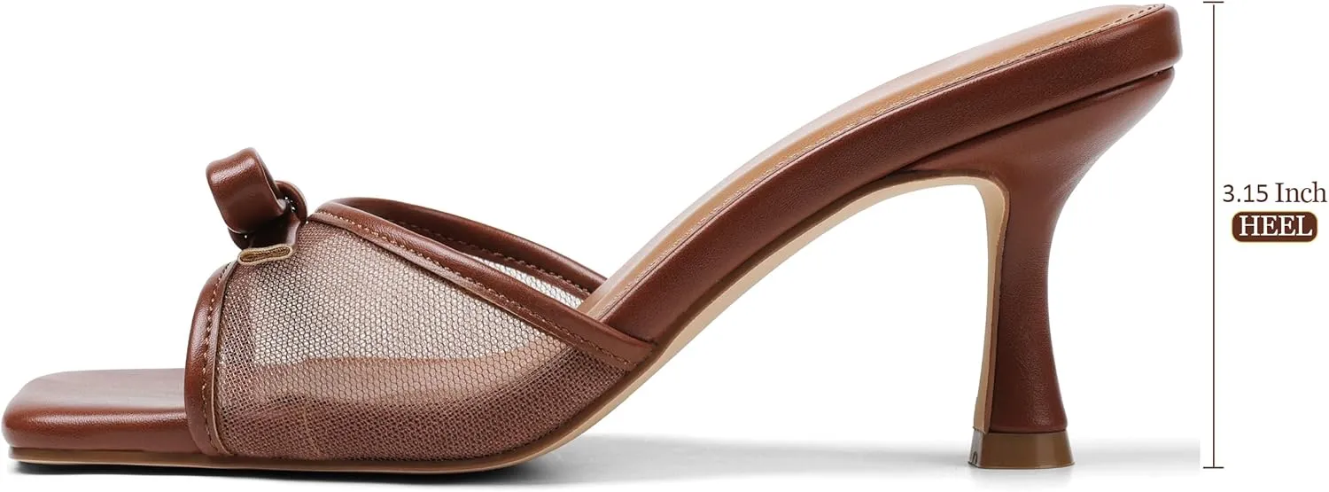 Womens Heeled Sandals Open Square Toe Kitten Heels Sandals Slip On Bow Mesh Mules Heels Comfortable Dress Shoes for Party Wedding