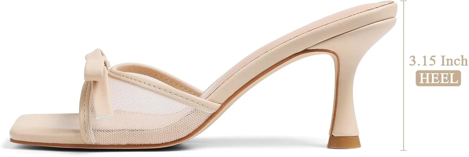 Womens Heeled Sandals Open Square Toe Kitten Heels Sandals Slip On Bow Mesh Mules Heels Comfortable Dress Shoes for Party Wedding
