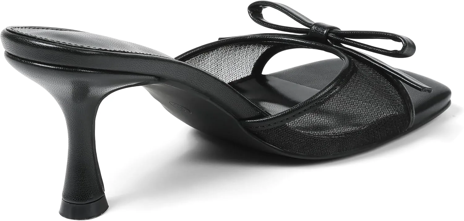 Womens Heeled Sandals Open Square Toe Kitten Heels Sandals Slip On Bow Mesh Mules Heels Comfortable Dress Shoes for Party Wedding