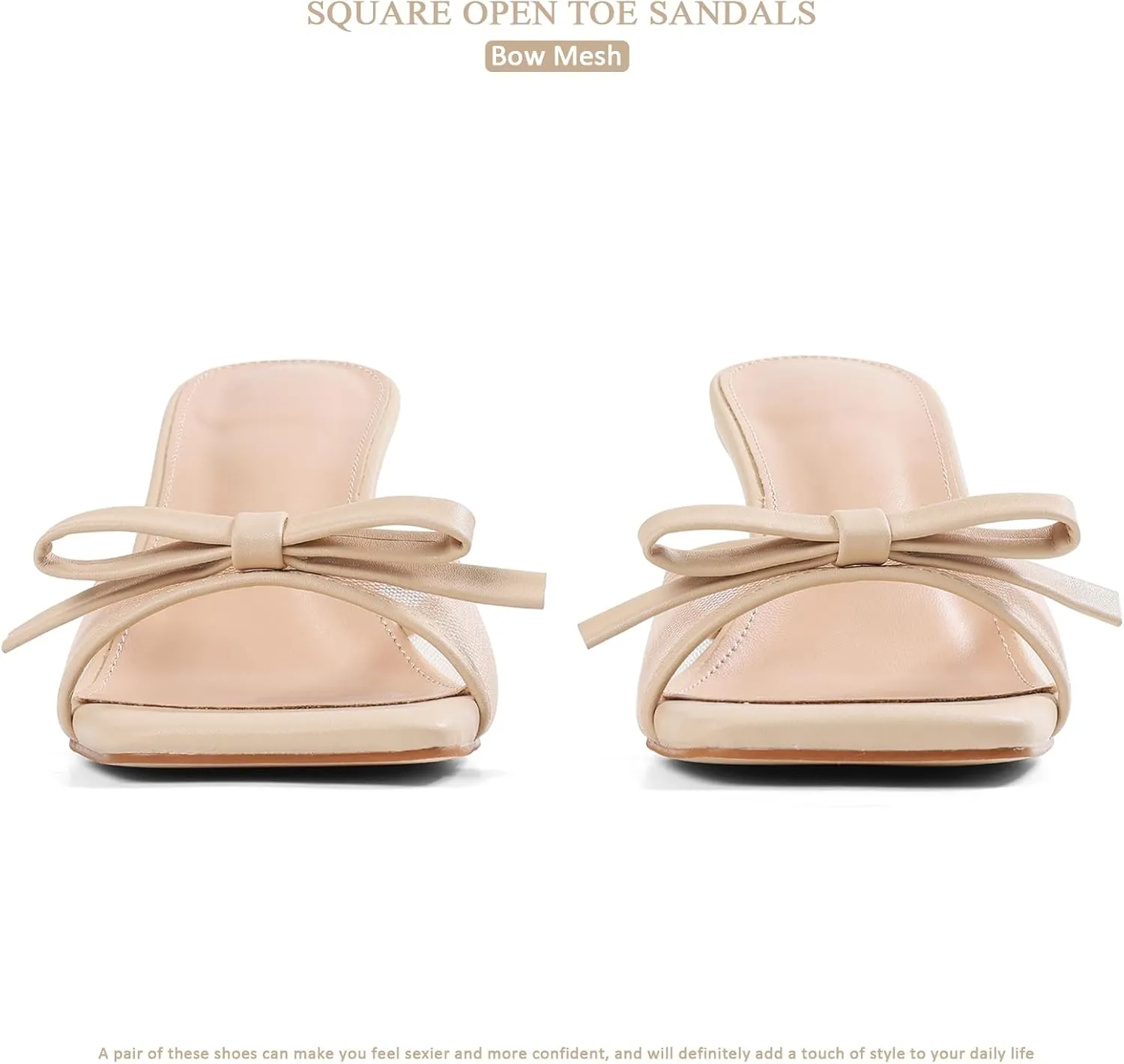 Womens Heeled Sandals Open Square Toe Kitten Heels Sandals Slip On Bow Mesh Mules Heels Comfortable Dress Shoes for Party Wedding