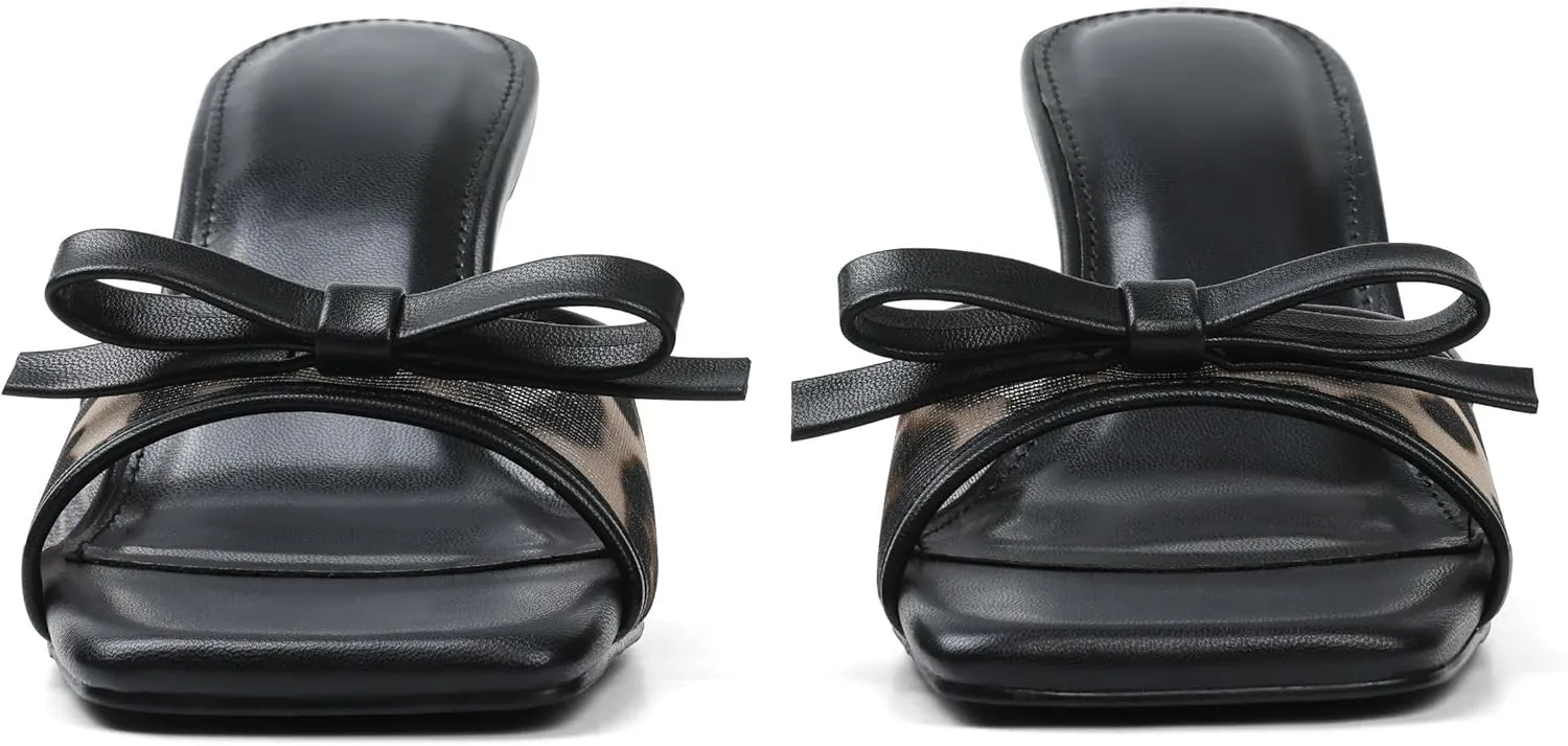 Womens Heeled Sandals Open Square Toe Kitten Heels Sandals Slip On Bow Mesh Mules Heels Comfortable Dress Shoes for Party Wedding