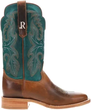 Womens Honey Cowhide Embroidered Wide Square Toe Casual Boots Mid Calf Low Heel 1-2" - Brown