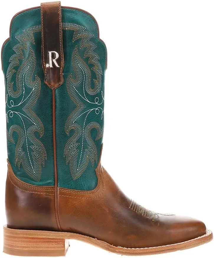 Womens Honey Cowhide Embroidered Wide Square Toe Casual Boots Mid Calf Low Heel 1-2" - Brown