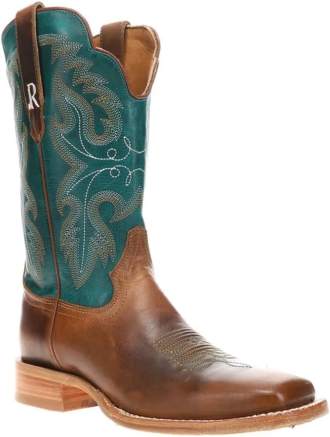 Womens Honey Cowhide Embroidered Wide Square Toe Casual Boots Mid Calf Low Heel 1-2" - Brown