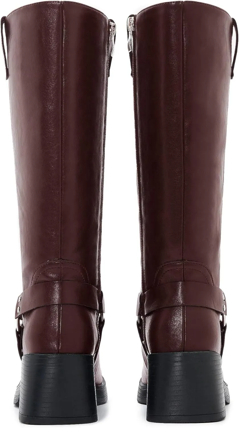 Womens Knee High Biker Boots Square Toe Block Heel Studded Straps Ridding Boot Fashion Motorcycle Side Zipper Tall Boots