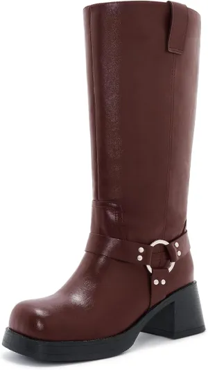 Womens Knee High Biker Boots Square Toe Block Heel Studded Straps Ridding Boot Fashion Motorcycle Side Zipper Tall Boots