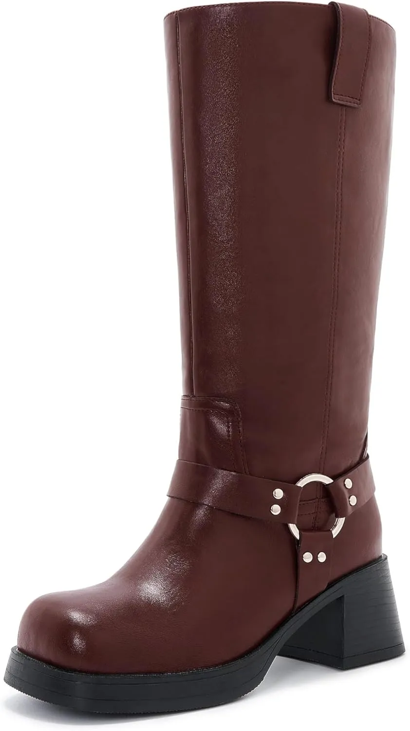 Womens Knee High Biker Boots Square Toe Block Heel Studded Straps Ridding Boot Fashion Motorcycle Side Zipper Tall Boots