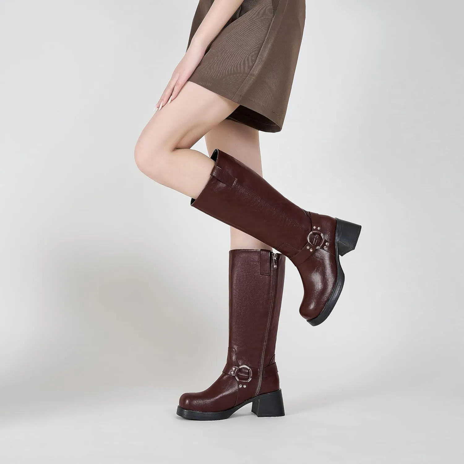Womens Knee High Biker Boots Square Toe Block Heel Studded Straps Ridding Boot Fashion Motorcycle Side Zipper Tall Boots