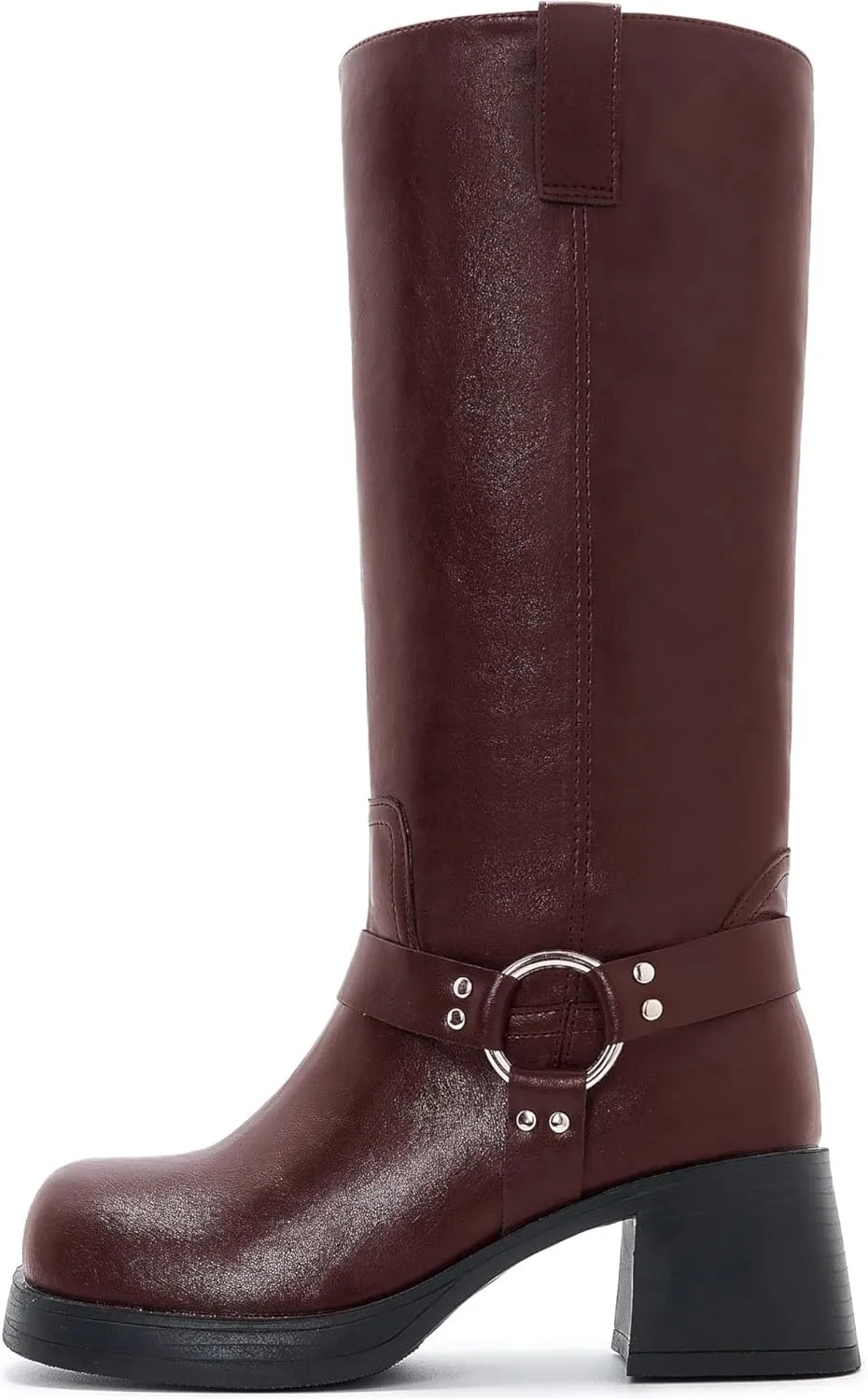 Womens Knee High Biker Boots Square Toe Block Heel Studded Straps Ridding Boot Fashion Motorcycle Side Zipper Tall Boots