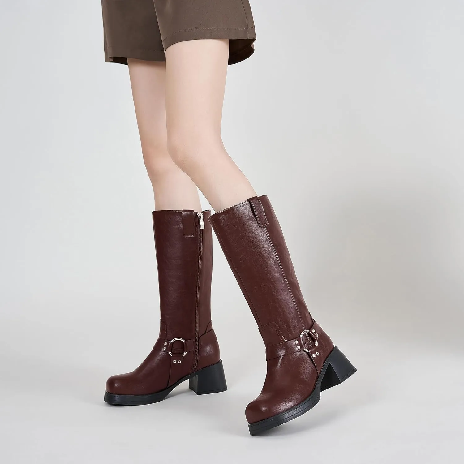 Womens Knee High Biker Boots Square Toe Block Heel Studded Straps Ridding Boot Fashion Motorcycle Side Zipper Tall Boots