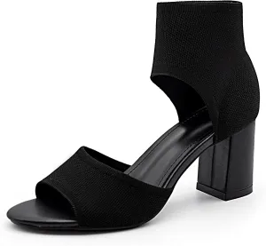 Women's Knit Chunky Block High Heels Peep Toe Chunky Heeled Sandals Stretchy High Heeled Ankle Boot Sandals for Work Wedding Party