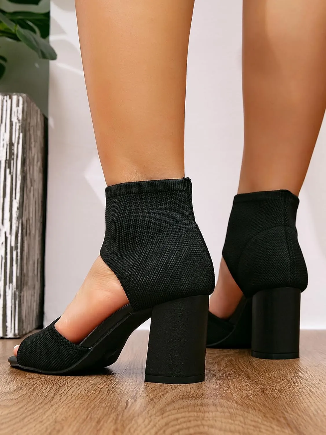 Women's Knit Chunky Block High Heels Peep Toe Chunky Heeled Sandals Stretchy High Heeled Ankle Boot Sandals for Work Wedding Party