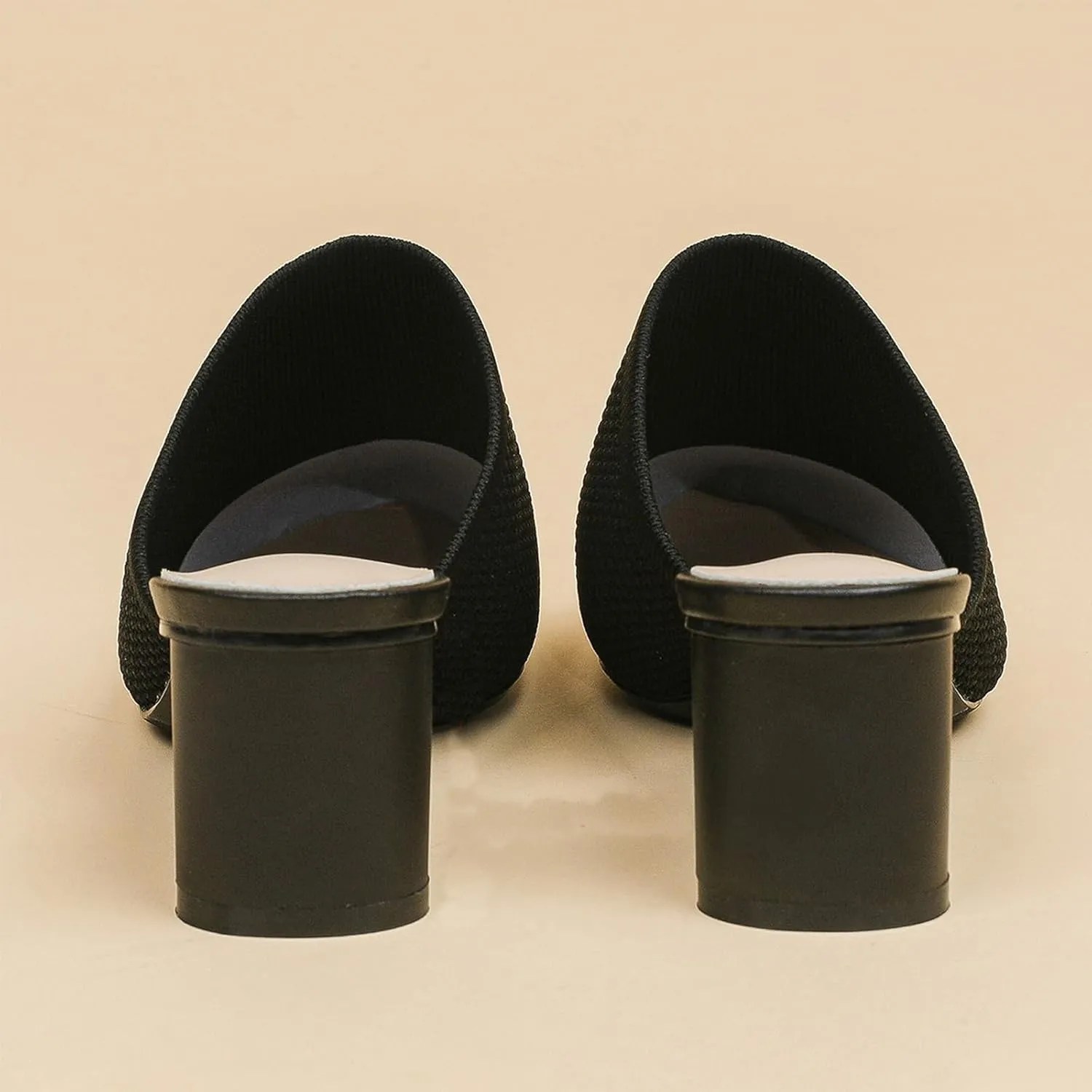 Women’s Knit Closed Pointed Toe Chunky Heel Mules Fashion Mesh Breathable Low Block Heel Pump Sandals Comfortable Slip On Dress Party Shoes