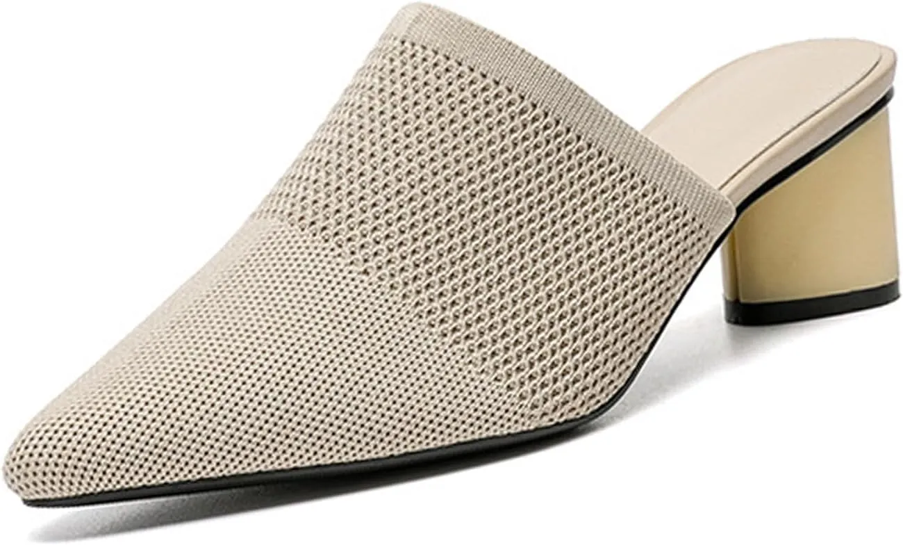 Women’s Knit Closed Pointed Toe Chunky Heel Mules Fashion Mesh Breathable Low Block Heel Pump Sandals Comfortable Slip On Dress Party Shoes