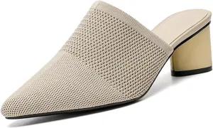Women’s Knit Closed Pointed Toe Chunky Heel Mules Fashion Mesh Breathable Low Block Heel Pump Sandals Comfortable Slip On Dress Party Shoes