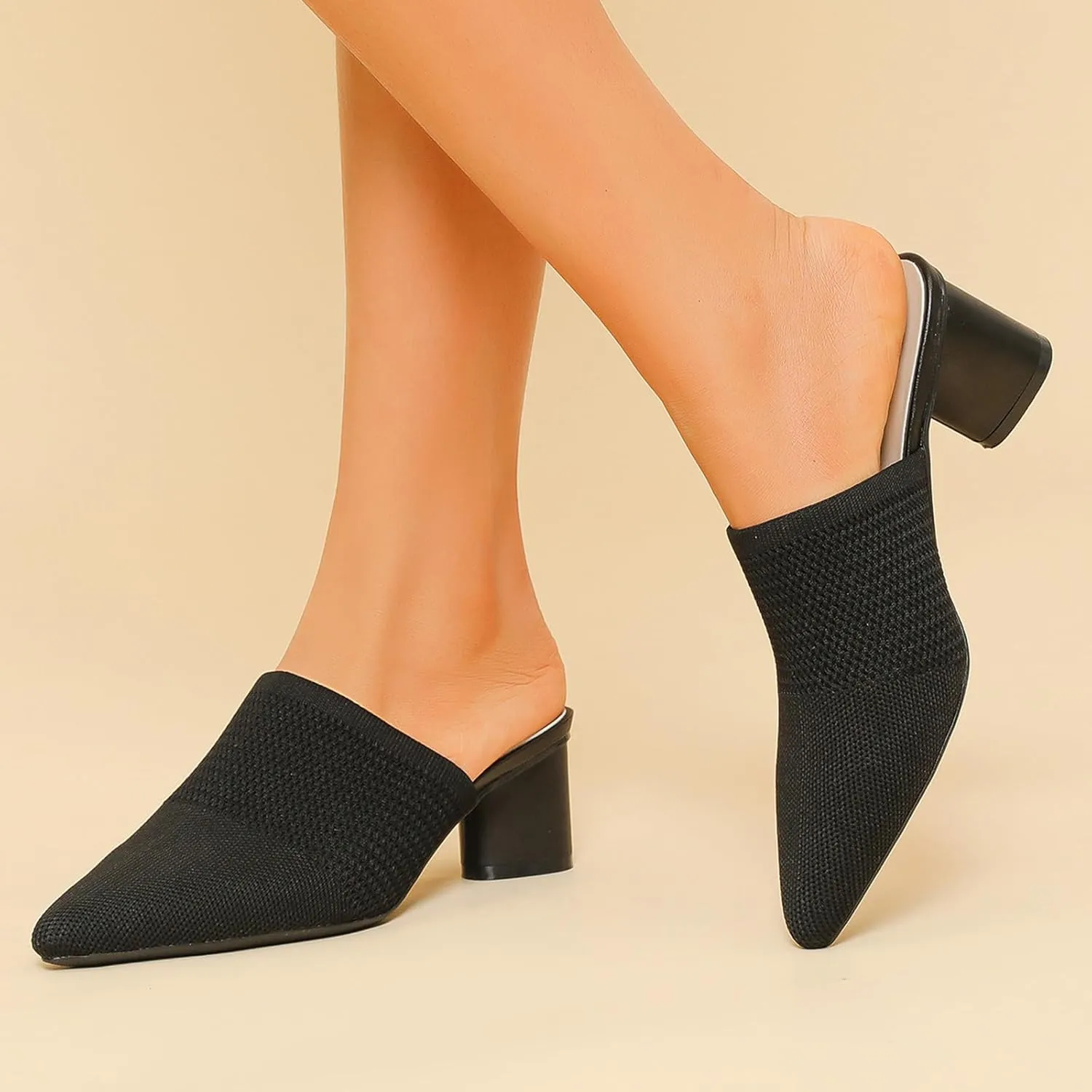 Women’s Knit Closed Pointed Toe Chunky Heel Mules Fashion Mesh Breathable Low Block Heel Pump Sandals Comfortable Slip On Dress Party Shoes