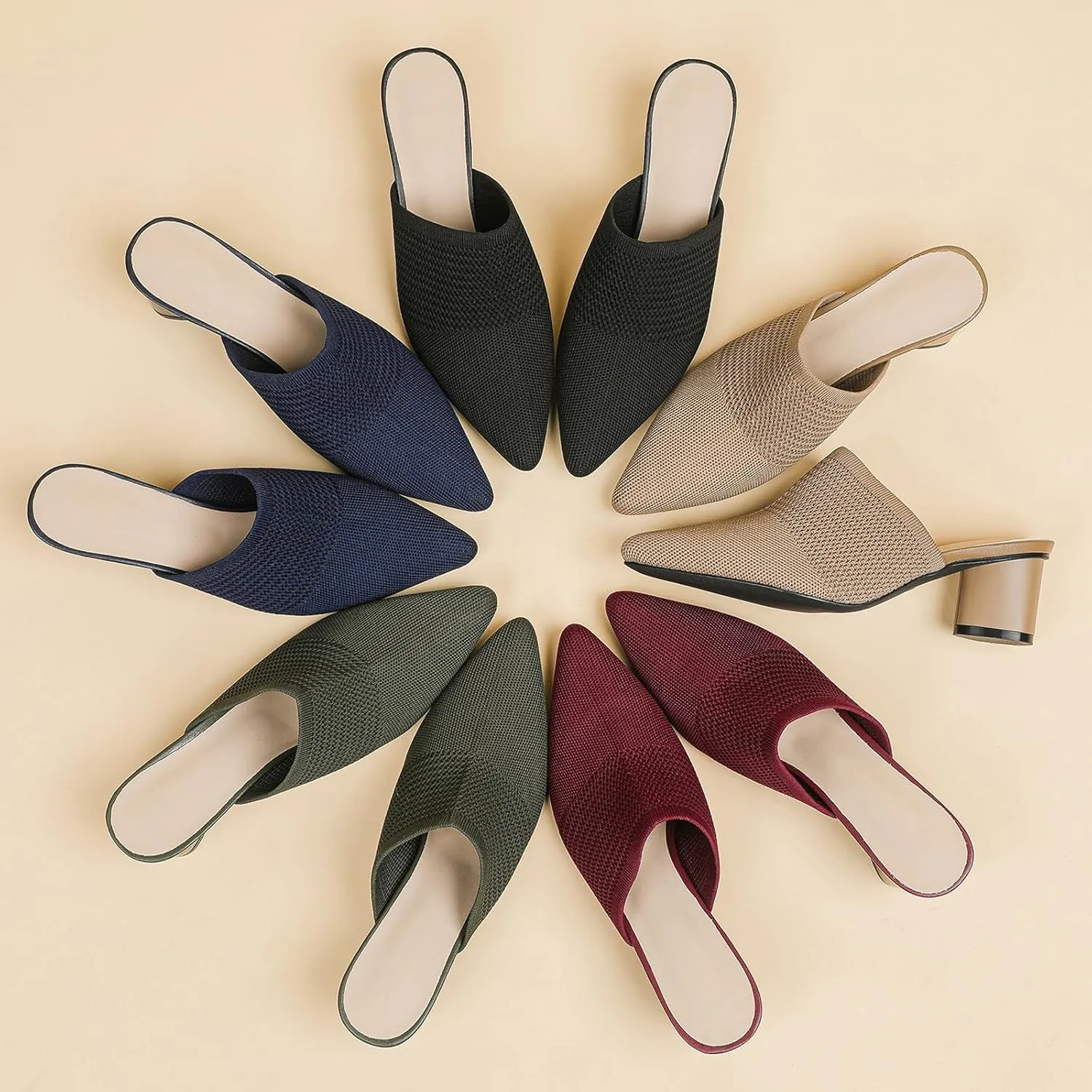 Women’s Knit Closed Pointed Toe Chunky Heel Mules Fashion Mesh Breathable Low Block Heel Pump Sandals Comfortable Slip On Dress Party Shoes