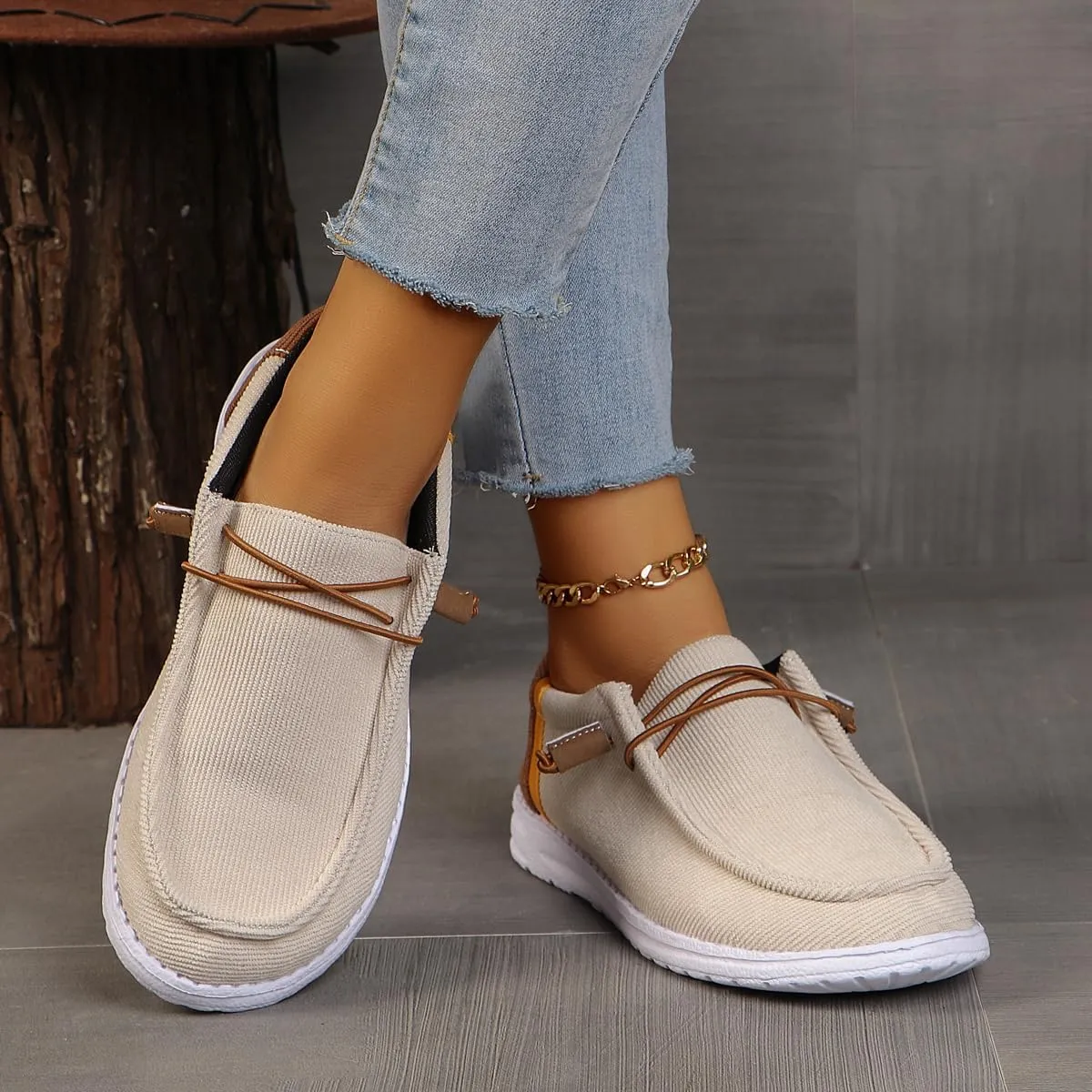 Womens Lace-Up Canvas Lightweight Boat Shoes Casual Comfortable Slip on Knit Loafers Outdoor Walking Low Top Wide Deck Shoes