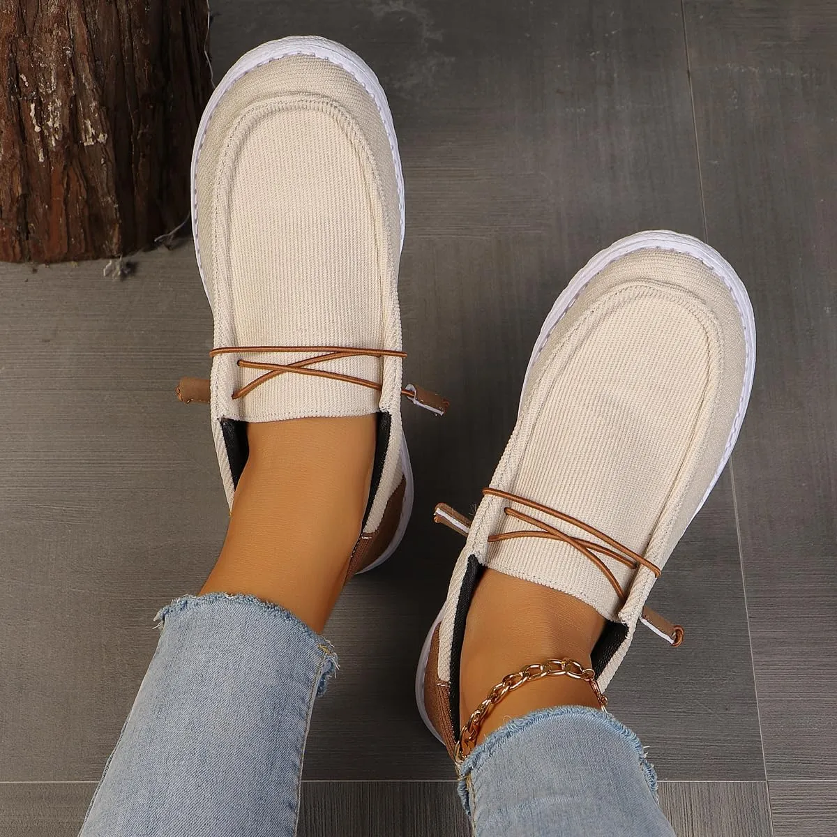 Womens Lace-Up Canvas Lightweight Boat Shoes Casual Comfortable Slip on Knit Loafers Outdoor Walking Low Top Wide Deck Shoes