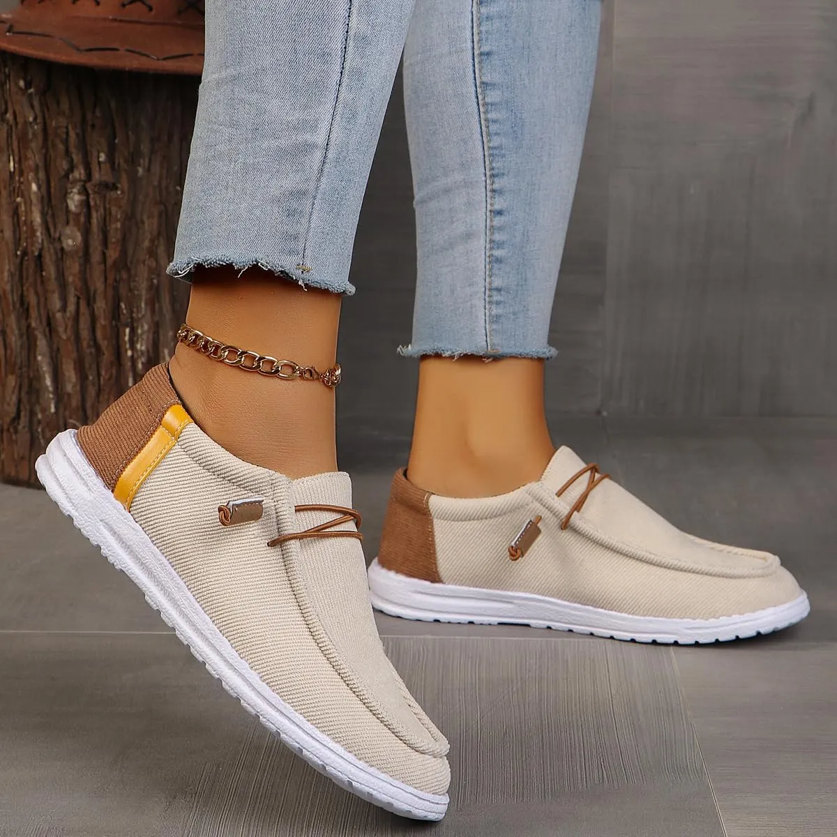 Womens Lace-Up Canvas Lightweight Boat Shoes Casual Comfortable Slip on Knit Loafers Outdoor Walking Low Top Wide Deck Shoes