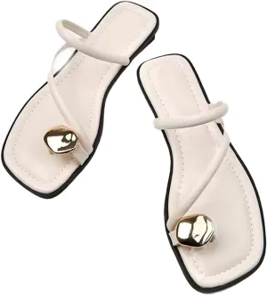 Women's Leather Strappy Flat Metal Toe Ring Sandals Fashionable Square Open Toe Low Block Heel Slip-On Clip Toe Slide Sandals Casual Summer Beach Slipper