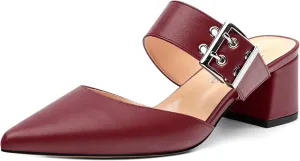 Women's Mules Buckle Adjustable Strap Pointed Toe Comfort Casual Matte Chunky Low Heel Pumps Slide Sandals 2 Inch