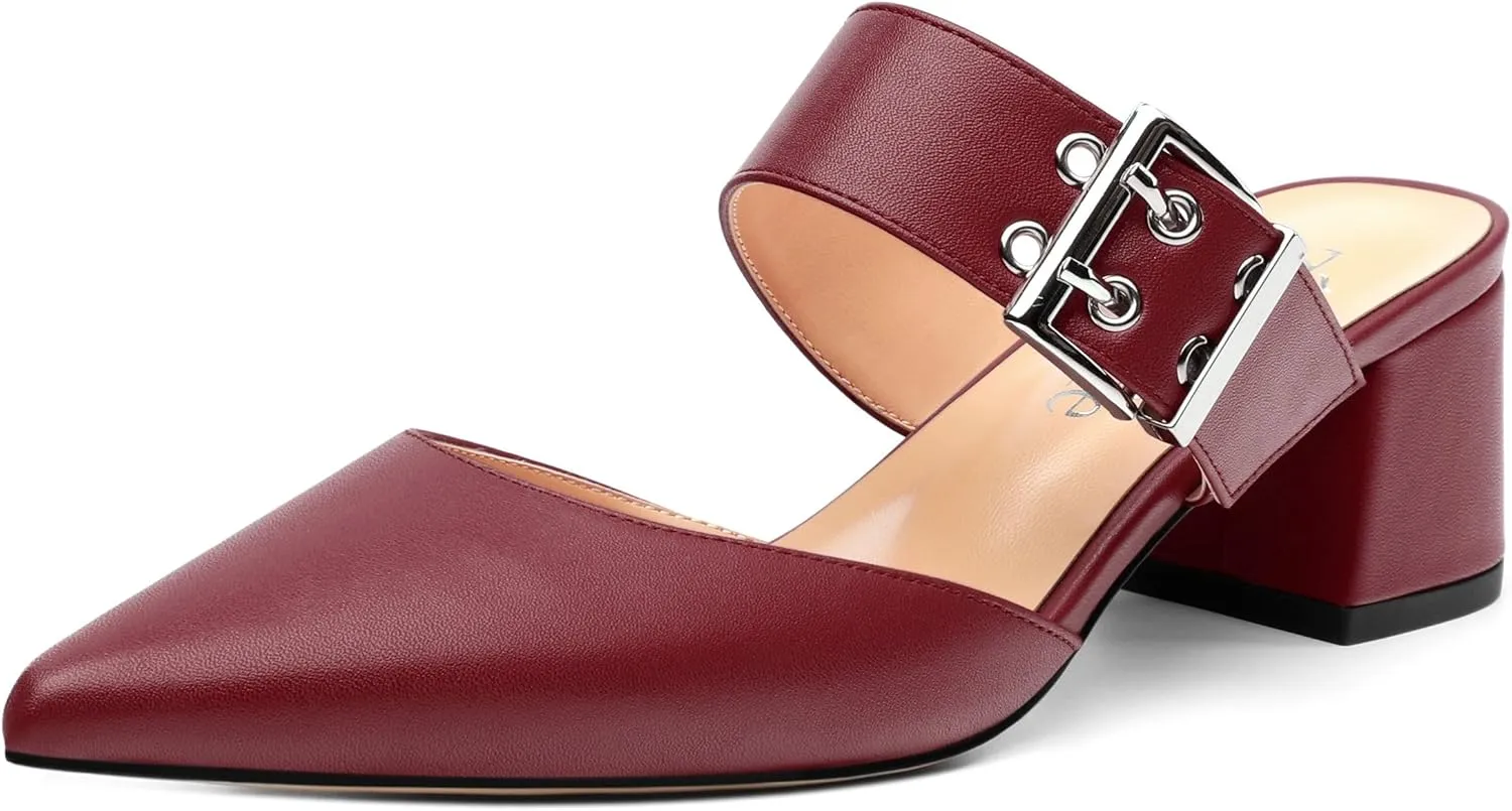 Women's Mules Buckle Adjustable Strap Pointed Toe Comfort Casual Matte Chunky Low Heel Pumps Slide Sandals 2 Inch