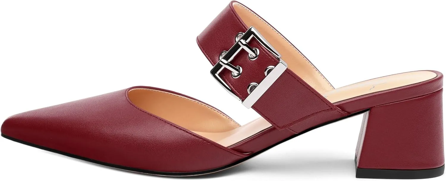 Women's Mules Buckle Adjustable Strap Pointed Toe Comfort Casual Matte Chunky Low Heel Pumps Slide Sandals 2 Inch