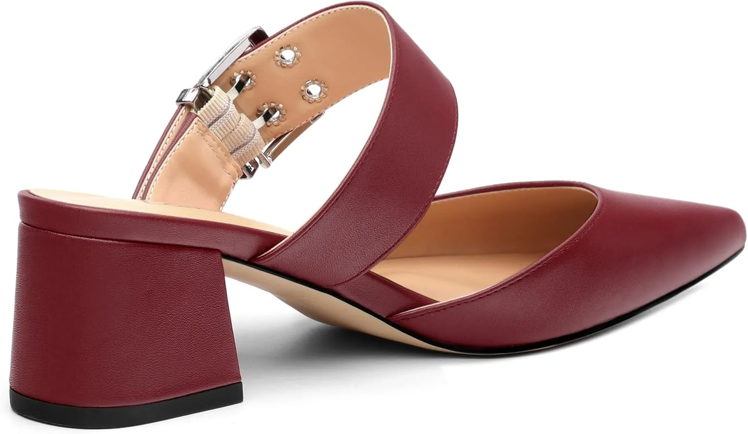 Women's Mules Buckle Adjustable Strap Pointed Toe Comfort Casual Matte Chunky Low Heel Pumps Slide Sandals 2 Inch