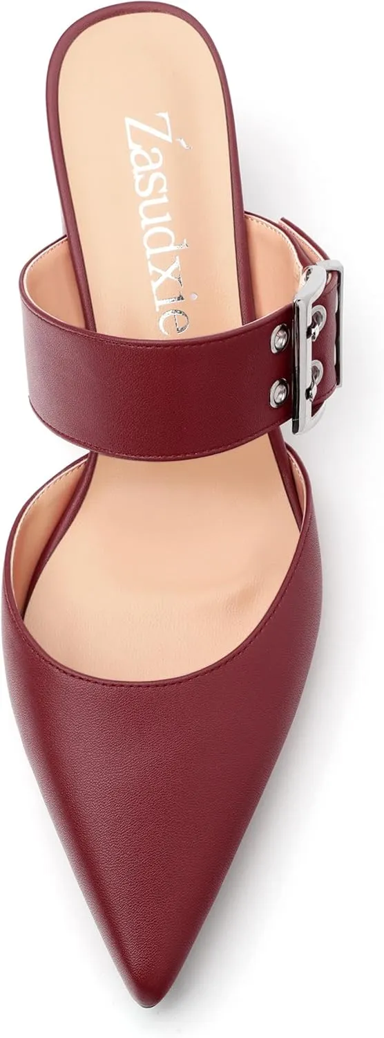 Women's Mules Buckle Adjustable Strap Pointed Toe Comfort Casual Matte Chunky Low Heel Pumps Slide Sandals 2 Inch