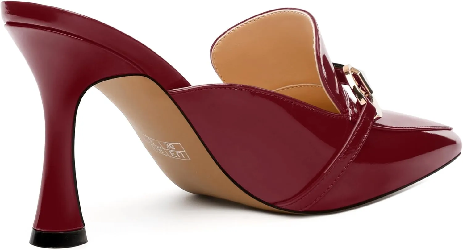 Women's Mules with Heels, Pointed Closed Toe Stiletto Heels, Slip On Fashion Solid Patent Slide Sandal for Women
