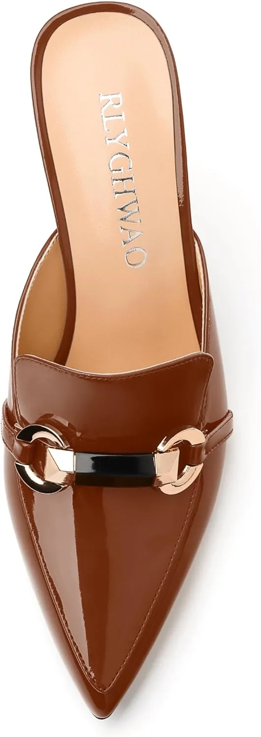 Women's Mules with Heels, Pointed Closed Toe Stiletto Heels, Slip On Fashion Solid Patent Slide Sandal for Women