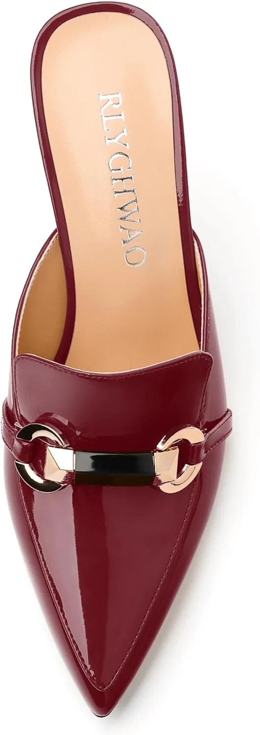 Women's Mules with Heels, Pointed Closed Toe Stiletto Heels, Slip On Fashion Solid Patent Slide Sandal for Women