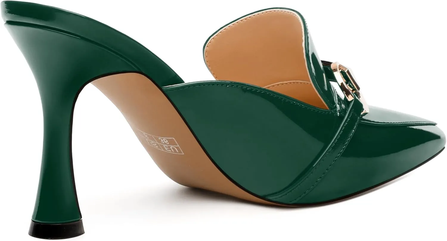 Women's Mules with Heels, Pointed Closed Toe Stiletto Heels, Slip On Fashion Solid Patent Slide Sandal for Women