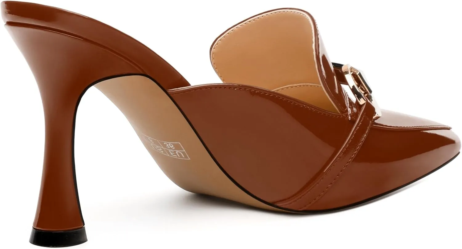 Women's Mules with Heels, Pointed Closed Toe Stiletto Heels, Slip On Fashion Solid Patent Slide Sandal for Women