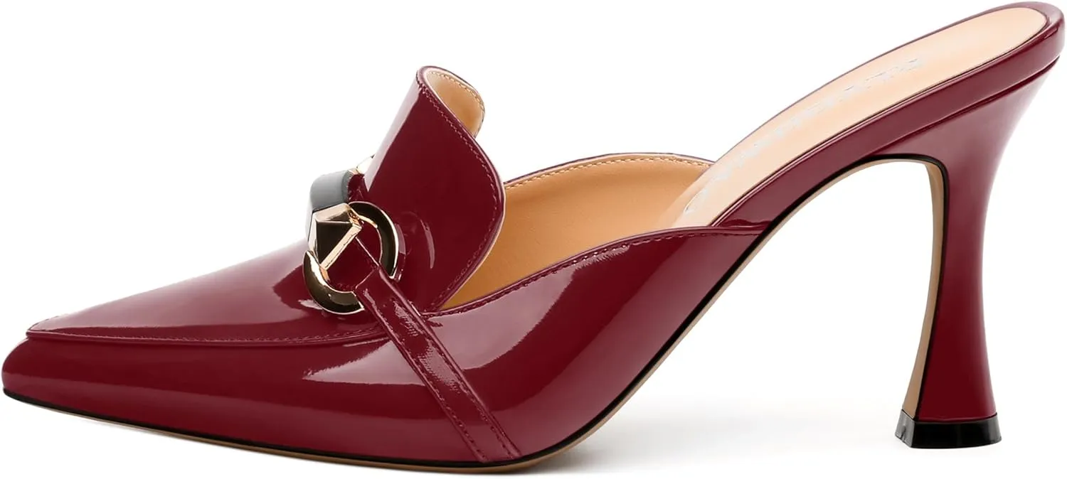 Women's Mules with Heels, Pointed Closed Toe Stiletto Heels, Slip On Fashion Solid Patent Slide Sandal for Women