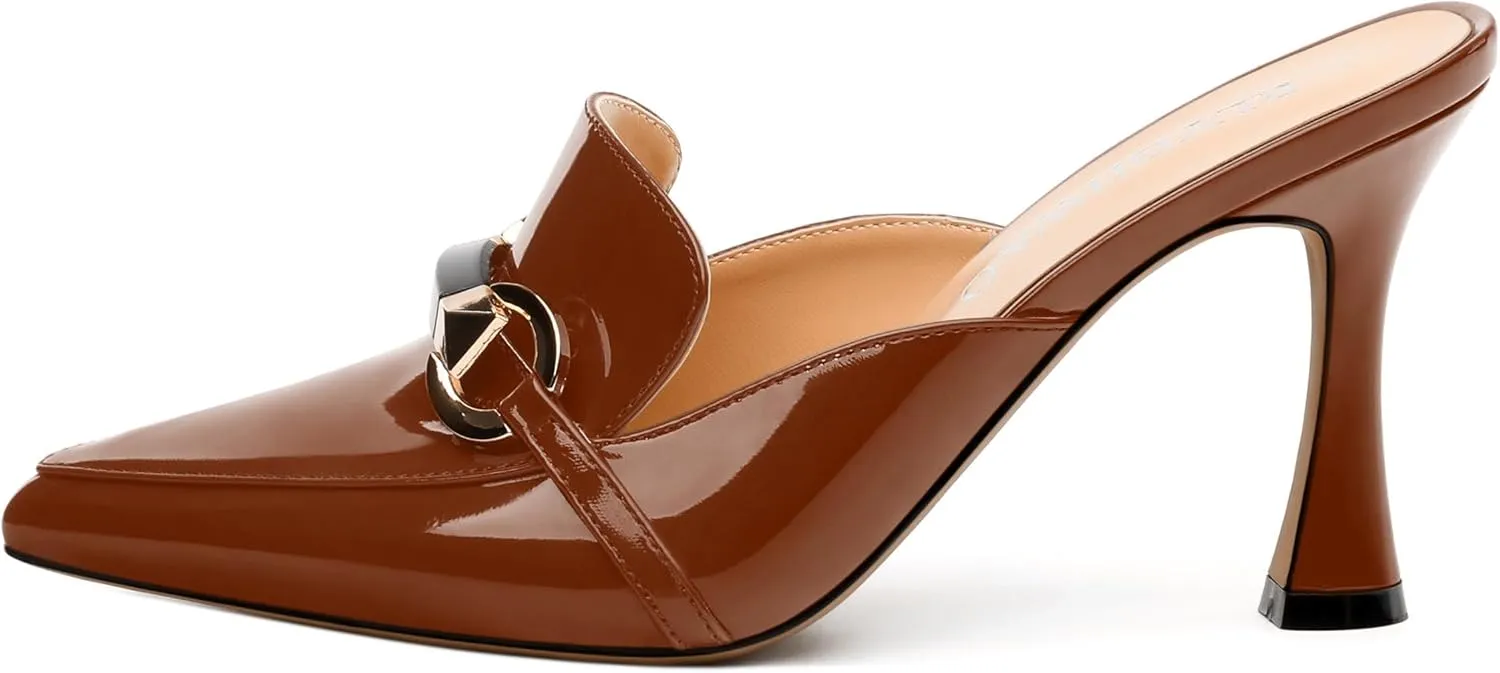Women's Mules with Heels, Pointed Closed Toe Stiletto Heels, Slip On Fashion Solid Patent Slide Sandal for Women