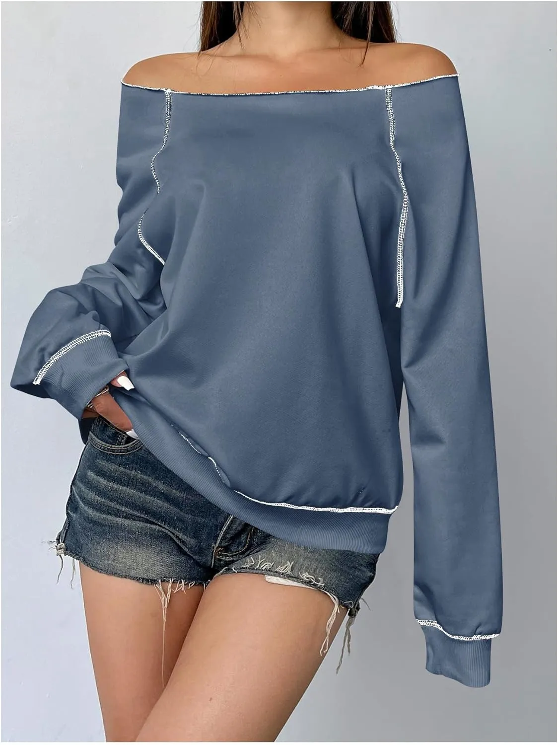 Women's Off The Shoulder Sweatshirts Long Sleeve Pullover Tops Trendy Y2k Fall Tops