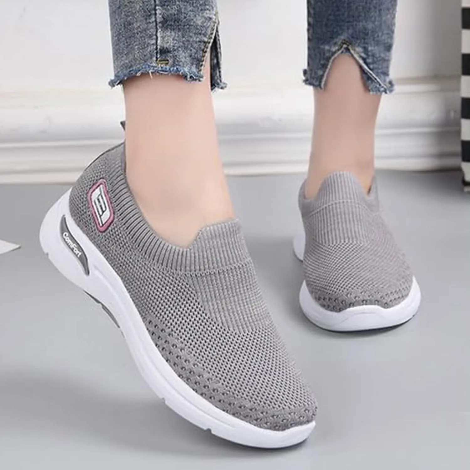 Women's Orthopedic Sneakers Breathable with Arch Support Slip on Mesh Knitted Flying Woven Low Top Work Walking Shoes Lightweight Wide Width Soft Sole Arch Support Non-Slip Casual Shoes