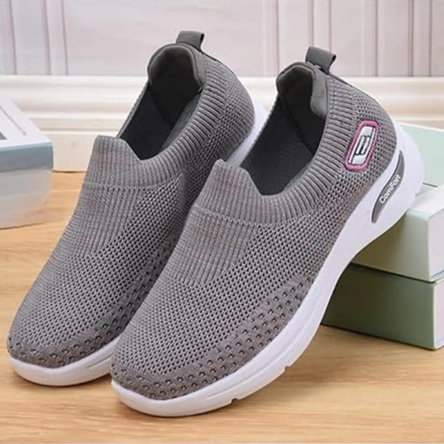 Women's Orthopedic Sneakers Breathable with Arch Support Slip on Mesh Knitted Flying Woven Low Top Work Walking Shoes Lightweight Wide Width Soft Sole Arch Support Non-Slip Casual Shoes