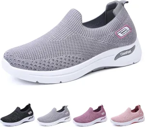Women's Orthopedic Sneakers Breathable with Arch Support Slip on Mesh Knitted Flying Woven Low Top Work Walking Shoes Lightweight Wide Width Soft Sole Arch Support Non-Slip Casual Shoes