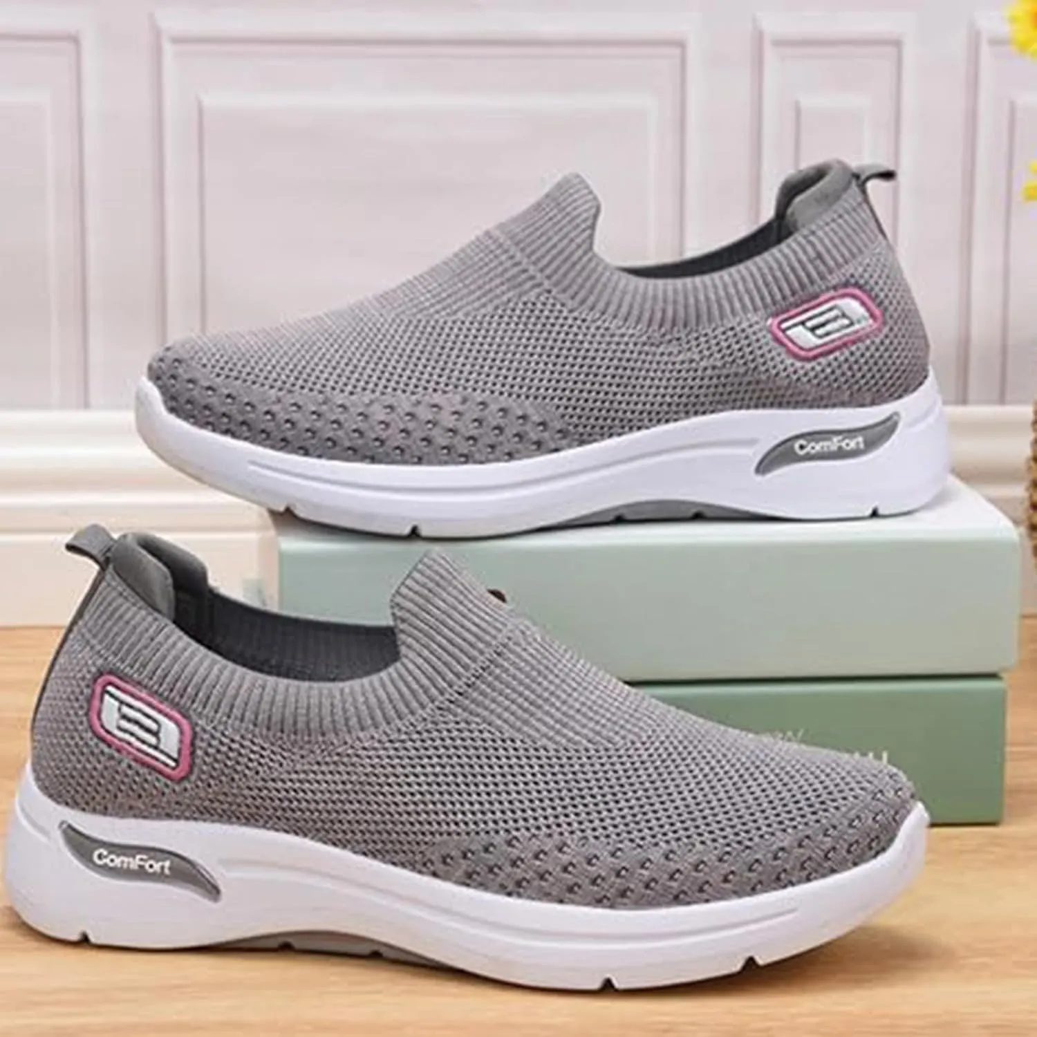 Women's Orthopedic Sneakers Breathable with Arch Support Slip on Mesh Knitted Flying Woven Low Top Work Walking Shoes Lightweight Wide Width Soft Sole Arch Support Non-Slip Casual Shoes