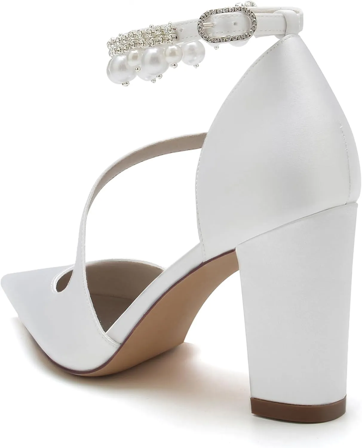 Women's Pearl Ankle Strap Bridal Shoes Satin Chunky Block Heel Wedding High Heels Closed Pointed Toe Sandals